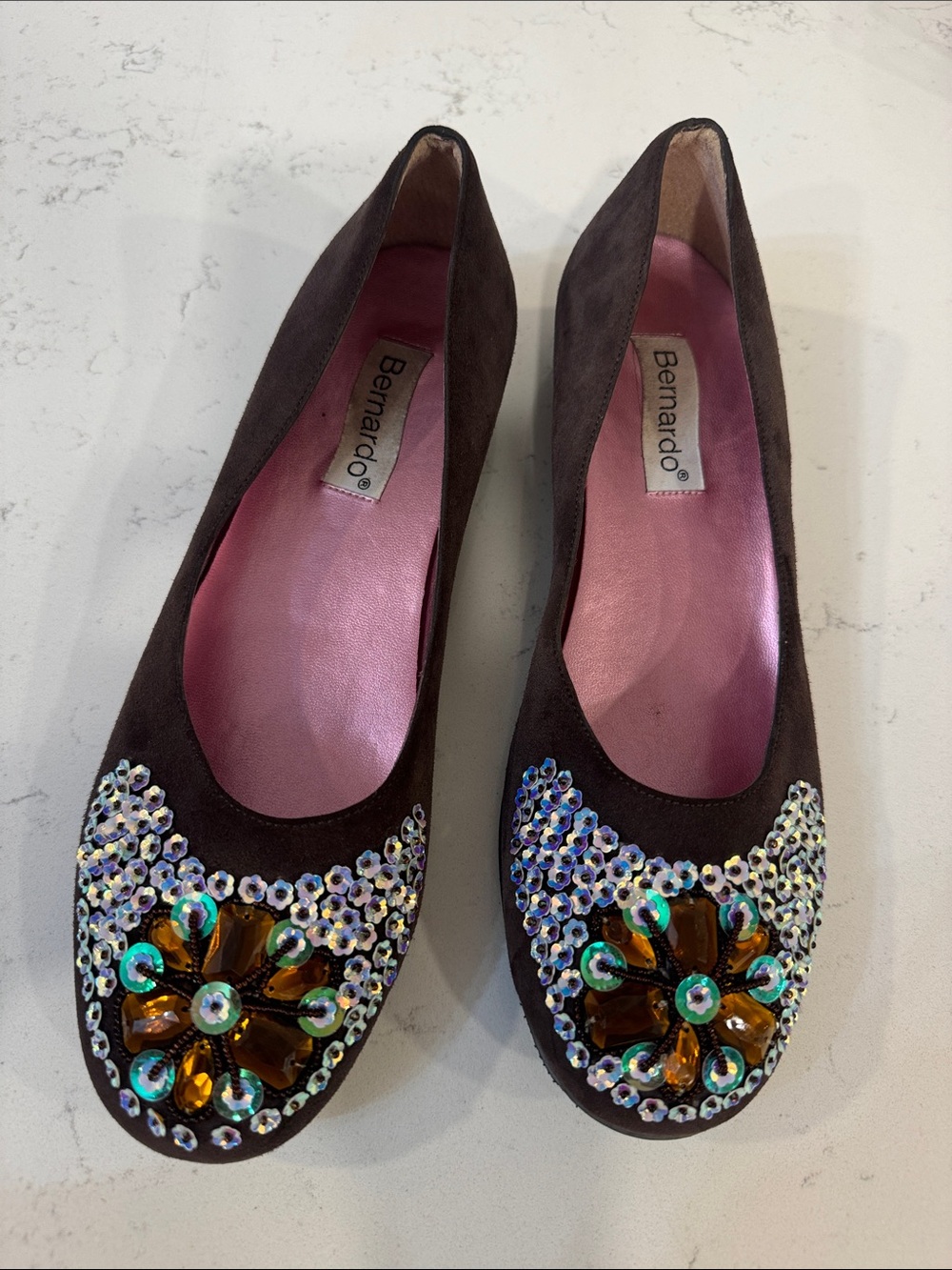 Bernardo |  brown suede flats feature intricate jewel and sequin  / 8.5